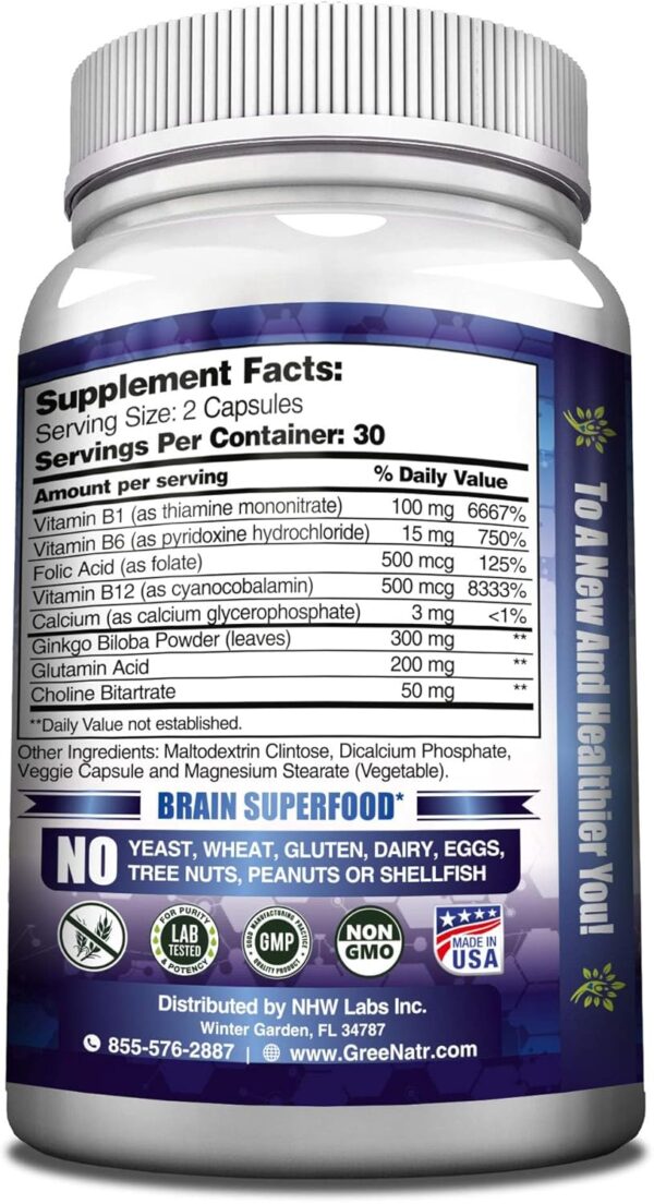 Brain Supplements for Memory and Focus - Ginko Biloba Capsules Brain Booster Supplement with B1, Folic Acid & Calcium - Memory Supplements for Cognitive & Brain Health 60 Capsules (1 Bottle) - Image 2