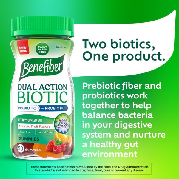 Benefiber Prebiotic Fiber Supplement Gummies with Probiotics for Digestive Health, Assorted Fruit Flavors - 50 Count - Image 2