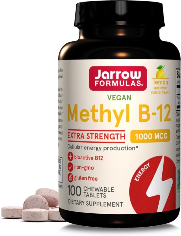 Jarrow Formulas Extra Strength Methyl B-12 1000mcg, Dietary Supplement for Cellular Energy Production and Brain Health Support, 100 Lemon-Flavored Chewable Tablets, 100 Day Supply