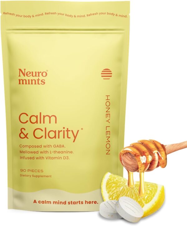 NeuroGum Calm & Clarity Mints (90 Pieces) - Sugar Free with L-theanine + GABA + Vitamin D3 - Nootropic Brain Supplements for Memory - Enhances Calm, Stress Relief for Men & Women - Honey Lemon