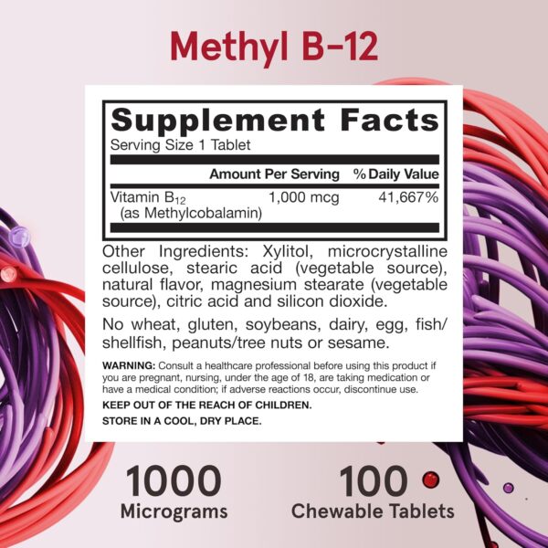 Jarrow Formulas Extra Strength Methyl B-12 1000mcg, Dietary Supplement for Cellular Energy Production and Brain Health Support, 100 Lemon-Flavored Chewable Tablets, 100 Day Supply - Image 5