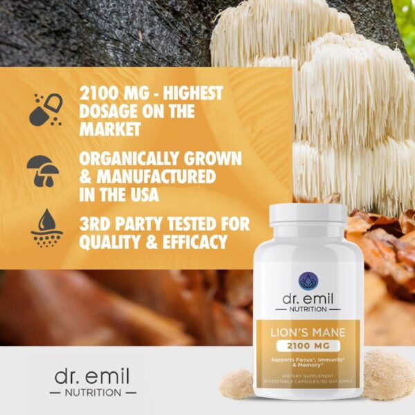 DR. EMIL NUTRITION 2100mg Organic Lions Mane Supplement Capsules - Focus, Mental Clarity & Cognition - Nootropic Lion's Mane Mushroom Supplement with Organic Lions Mane - Image 4