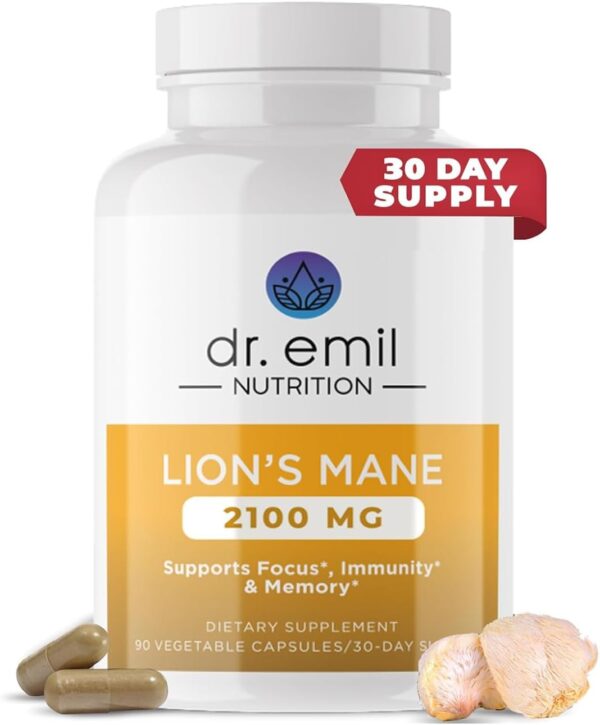 DR. EMIL NUTRITION 2100mg Organic Lions Mane Supplement Capsules - Focus, Mental Clarity & Cognition - Nootropic Lion's Mane Mushroom Supplement with Organic Lions Mane