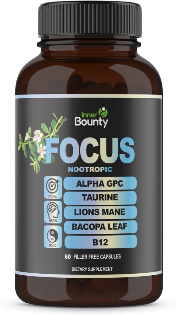 Focus 14-in-1 Nootropic Brain Supplement with Lions Mane, Alpha GPC Choline, Vitamin C & B12, Taurine, Bacopa - Energy, Cognitive, Memory Support, 60 Filler Free Capsules