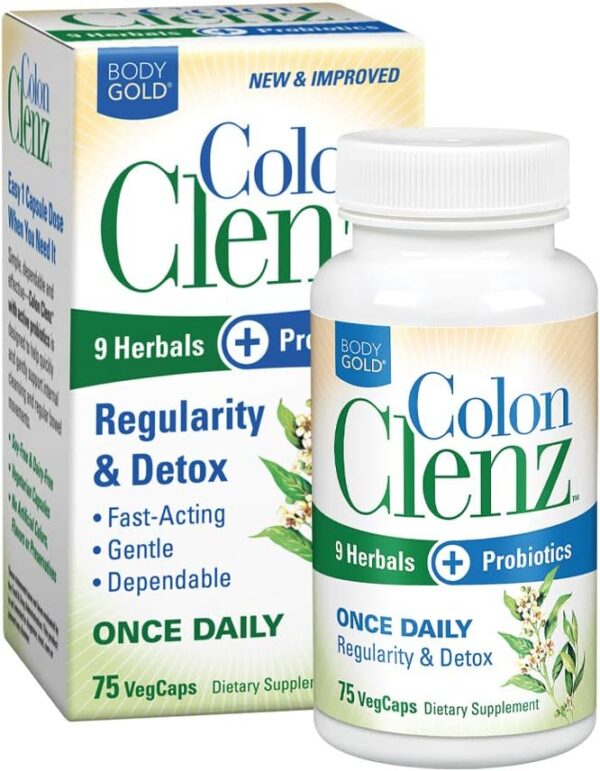 Body Gold Colon Clenz Regularity & Detox Formula | Once Daily Support with 9 Herbs + Active Probiotics | 75 CT