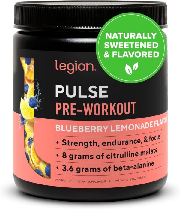 LEGION- All Natural Nitric Oxide Preworkout Drink to Boost Energy, Creatine Free, Naturally Sweetened, Beta Alanine, Citrulline, Alpha GPC (Blueberry Lemonade)