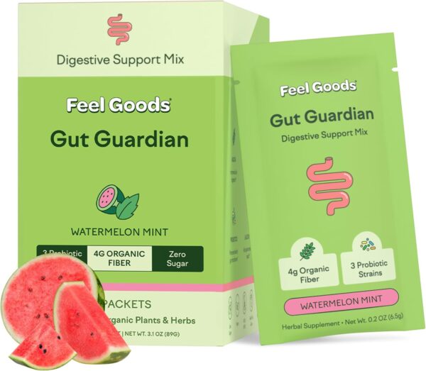 Feel Goods Gut Guardian, Prebiotic & Probiotic Powder, Organic Fiber, Sugar Free, Herbs for Bloat, Gut Health Support, Digestive Health for Men & Women, Non GMO, Vegan | Watermelon Mint, 15 Count