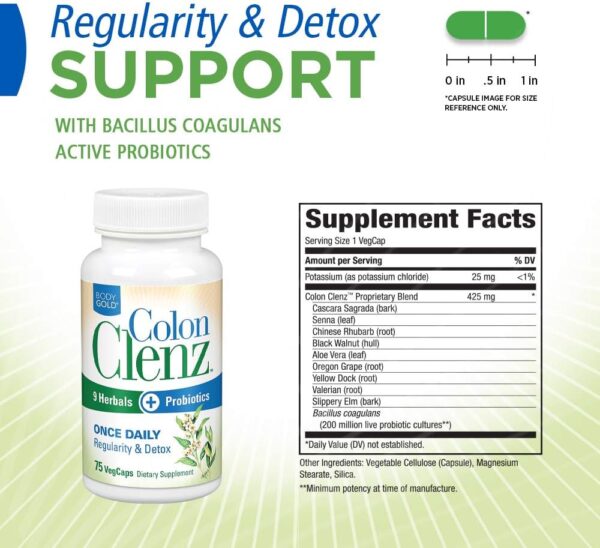 Body Gold Colon Clenz Regularity & Detox Formula | Once Daily Support with 9 Herbs + Active Probiotics | 75 CT - Image 2