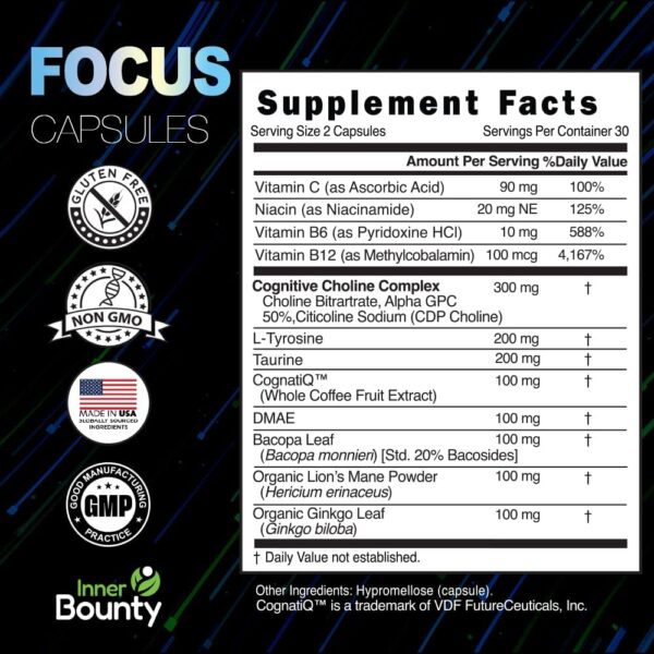 Focus 14-in-1 Nootropic Brain Supplement with Lions Mane, Alpha GPC Choline, Vitamin C & B12, Taurine, Bacopa - Energy, Cognitive, Memory Support, 60 Filler Free Capsules - Image 2