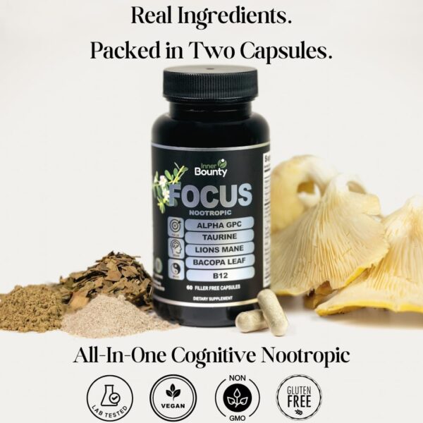 Focus 14-in-1 Nootropic Brain Supplement with Lions Mane, Alpha GPC Choline, Vitamin C & B12, Taurine, Bacopa - Energy, Cognitive, Memory Support, 60 Filler Free Capsules - Image 5