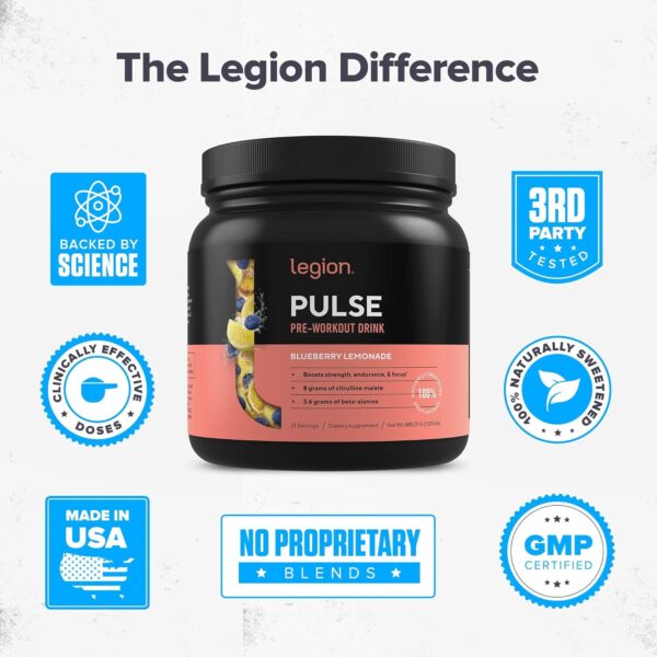 LEGION- All Natural Nitric Oxide Preworkout Drink to Boost Energy, Creatine Free, Naturally Sweetened, Beta Alanine, Citrulline, Alpha GPC (Blueberry Lemonade) - Image 5