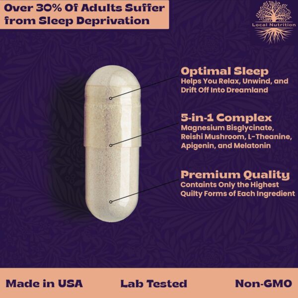 Natural Sleep Aid with Magnesium Glycinate 500mg Reishi Mushroom 350mg L-Theanine 300mg Apigenin 50mg Melatonin 3mg - Magnesium Sleep Supplement for Sleep Support, Deep Sleep - 60 Capsules Made in USA - Image 3