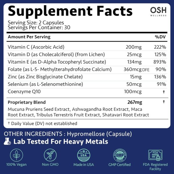 Ayurvedic Men's Fertility Support - Optimal Sperm Health, Quality, Volume, & Motility - Male Fertility Supplements with Ashwagandha, Mucuna, Maca, Shatavari, CoQ10 & Zinc Vegan 60 Count - OSH Wellness - Image 2