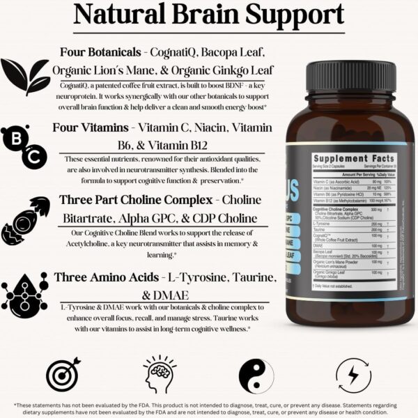 Focus 14-in-1 Nootropic Brain Supplement with Lions Mane, Alpha GPC Choline, Vitamin C & B12, Taurine, Bacopa - Energy, Cognitive, Memory Support, 60 Filler Free Capsules - Image 3