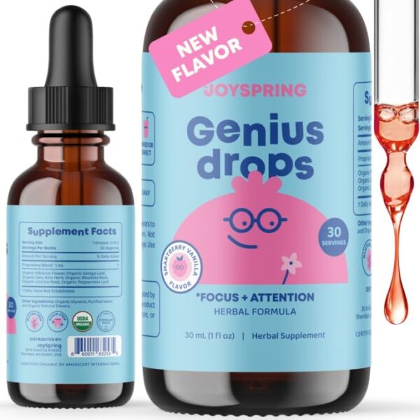 JoySpring Genius Drops Smartberry Vanilla| Focus Supplement Helps Kids Preform Better in School | Liquid Herbal Focus Supplement for Kids Organic Focus Drops for Kids