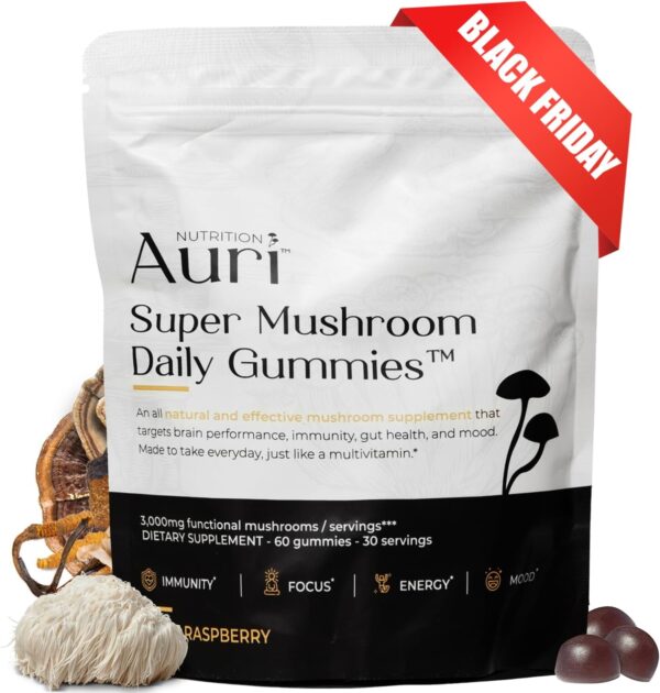 Auri Super Mushroom Daily Gummies - All-in-One Daily Mushroom Supplement Gummy - 12 Mushroom Blend with Chaga, Lions Mane, Reishi, Cordyceps - 60 Gummies