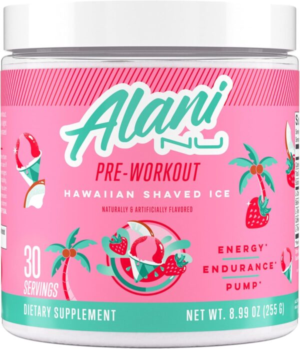 Alani Nu Pre Workout Powder Hawaiian Shaved Ice | Amino Energy Boost | Endurance Supplement | Sugar Free | 200mg Caffeine | L-Theanine, Beta-Alanine, Citrulline | 30 Servings