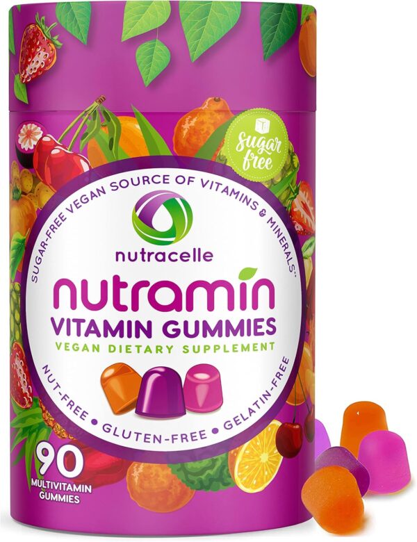 NUTRAMIN Daily Vegan Keto Multivitamin Gummies Vitamin C, D2, and Zinc for Immunity, Plant-Based, Sugar-Free, Nut-Free, Gluten-Free, with Biotin, Vitamin A, B, B6, B12 & More 90 Count, 45 Days