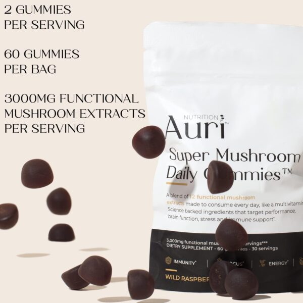 Auri Super Mushroom Daily Gummies - All-in-One Daily Mushroom Supplement Gummy - 12 Mushroom Blend with Chaga, Lions Mane, Reishi, Cordyceps - 60 Gummies - Image 4