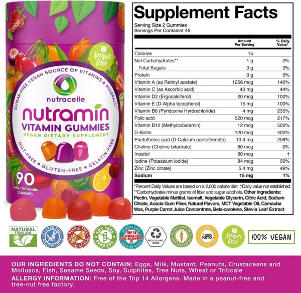 NUTRAMIN Daily Vegan Keto Multivitamin Gummies Vitamin C, D2, and Zinc for Immunity, Plant-Based, Sugar-Free, Nut-Free, Gluten-Free, with Biotin, Vitamin A, B, B6, B12 & More 90 Count, 45 Days - Image 3