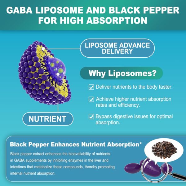 GABA Supplement - 1000 mg Liposomal Form for Optimal Absorption,GABA with L-Theanine, Magnesium Glycinate, 5HTP, Vitamin D3 for Brain Calm, Mood, Zzz Better - Melatonin-Free 120 Softgels. - Image 4