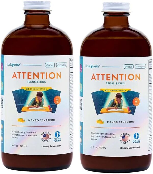 LIQUIDHEALTH Attention, Liquid Multivitamin for Kids & Teens - Improves Memory Retention, Concentration, Focus, Mood, Relaxation & Calming - Great Taste, Vegan, Sugar-Free (2 Pack)