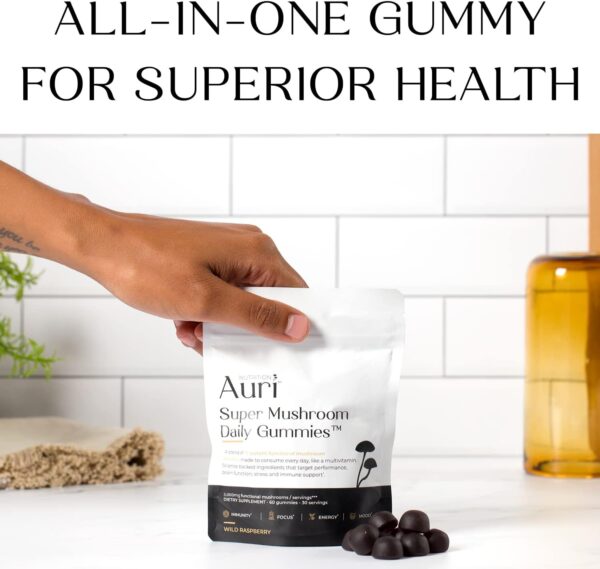 Auri Super Mushroom Daily Gummies - All-in-One Daily Mushroom Supplement Gummy - 12 Mushroom Blend with Chaga, Lions Mane, Reishi, Cordyceps - 60 Gummies - Image 6