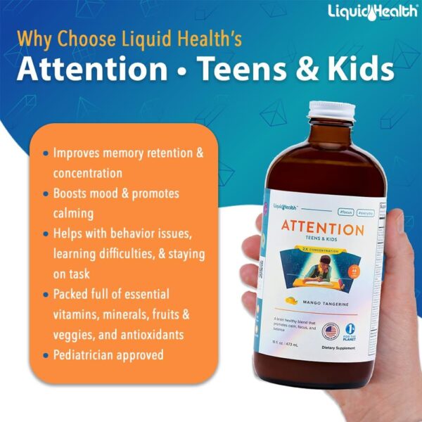 LIQUIDHEALTH Attention, Liquid Multivitamin for Kids & Teens - Improves Memory Retention, Concentration, Focus, Mood, Relaxation & Calming - Great Taste, Vegan, Sugar-Free (2 Pack) - Image 4