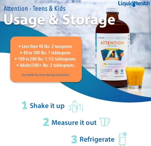 LIQUIDHEALTH Attention, Liquid Multivitamin for Kids & Teens - Improves Memory Retention, Concentration, Focus, Mood, Relaxation & Calming - Great Taste, Vegan, Sugar-Free (2 Pack) - Image 3