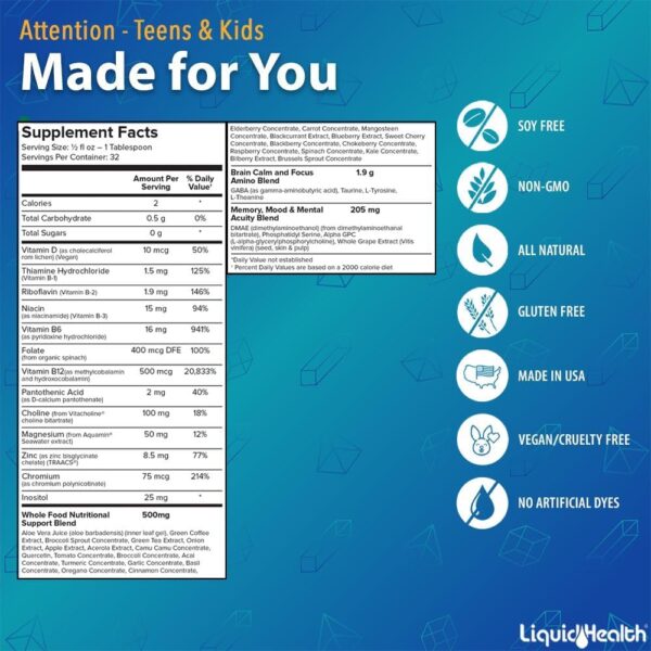 LIQUIDHEALTH Attention, Liquid Multivitamin for Kids & Teens - Improves Memory Retention, Concentration, Focus, Mood, Relaxation & Calming - Great Taste, Vegan, Sugar-Free (2 Pack) - Image 2