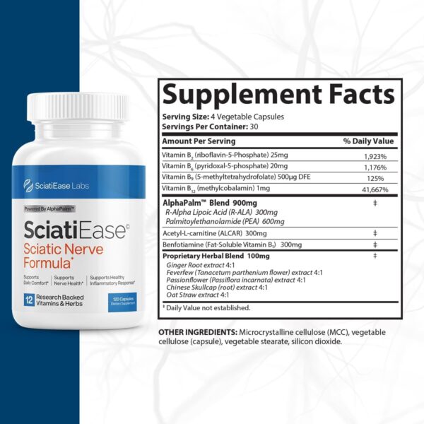 Sciatic Nerve Health Support Supplement - Nerve Support Formula with AlphaPalm, Pea, Vitamin B Complex, Alpha Lipoic Acid 300mg - 120 Capsules - Image 2