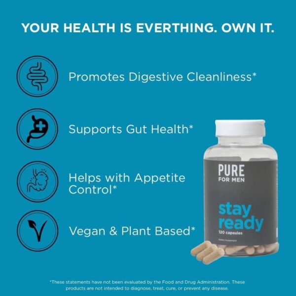 Pure for Men Original Vegan Cleanliness Stay Ready Fiber Supplement | Helps Promote Digestive Regularity | Psyllium Husk, Aloe Vera, Chia Seeds, Flaxseeds | Proprietary Formula | 120 Vegan Capsules - Image 5