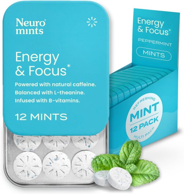 NeuroGum Energy Caffeine Mints (144 Pieces) - Sugar Free with L-theanine + Natural Caffeine + Vitamin B12 & B6 - Nootropic Energy & Focus Supplement for Women & Men - Keto & Vegan, Peppermint Flavor