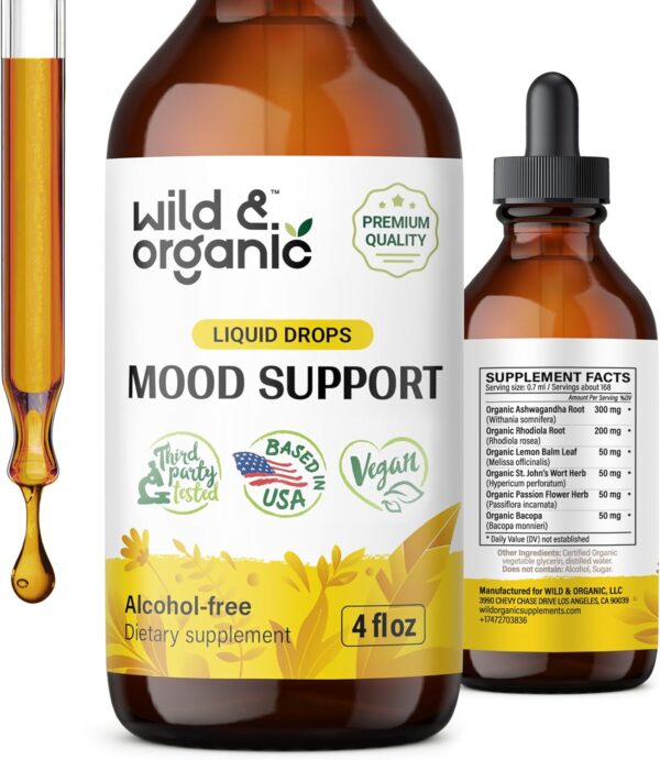 Wild & Organic Mood Support Supplement - Natural Liquid Drops for Positive Energy - Calm Mind Supplement for Women and Men - Non-Alcohol Ashwagandha & Rhodiola Rosea Root Tincture for Good Mood - 4 oz