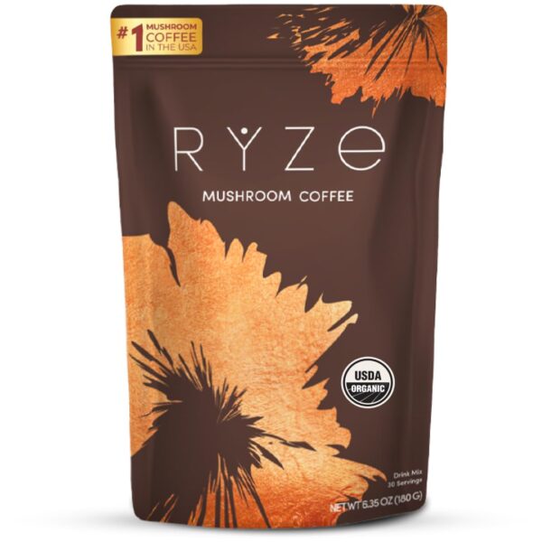 RYZE Mushroom Coffee | 6 Adaptogenic Mushrooms | USDA Organic | Instant Coffee | MCT Oil | Better Energy, Focus, Digestion, Immunity | Cordyceps, Lion’s Mane, Turkey Tail | 30 servings | Pouch Only