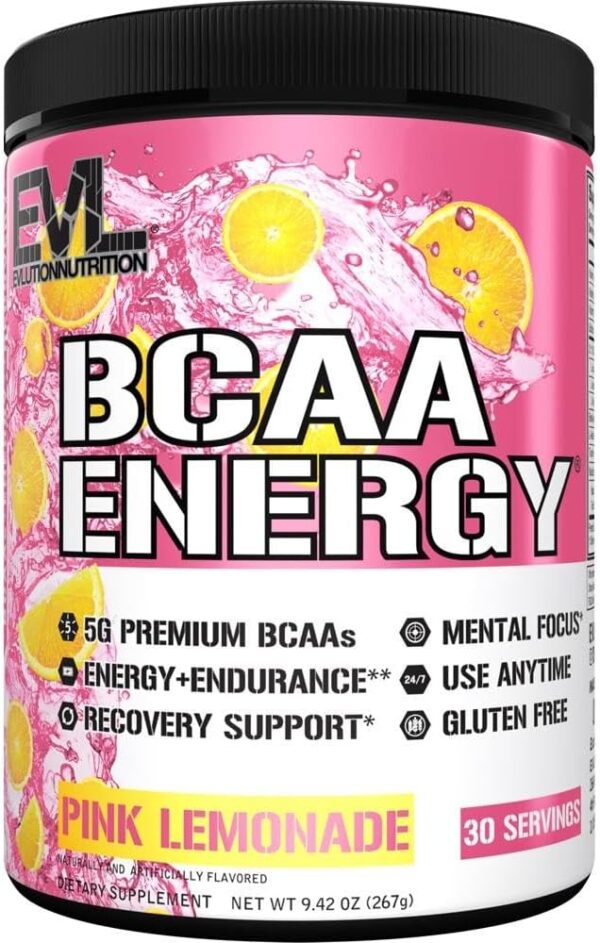 EVL BCAAs Amino Acids Powder - BCAA Energy Pre Workout Powder for Muscle Recovery Lean Growth and Endurance - Rehydrating Post Workout Recovery Drink with Natural Caffeine - Pink Lemonade