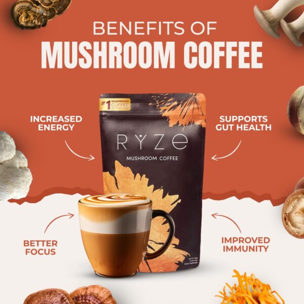 RYZE Mushroom Coffee | 6 Adaptogenic Mushrooms | USDA Organic | Instant Coffee | MCT Oil | Better Energy, Focus, Digestion, Immunity | Cordyceps, Lion’s Mane, Turkey Tail | 30 servings | Pouch Only - Image 5