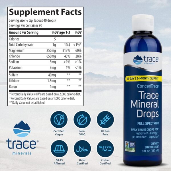 Trace Minerals ConcenTrace Drops | Full Spectrum Minerals | Ionic Liquid Magnesium, Chloride, Potassium | Low Sodium | Energy, Electrolytes, Hydration | 96 Day Supply, 8 fl oz (Pack of 1) - Image 2