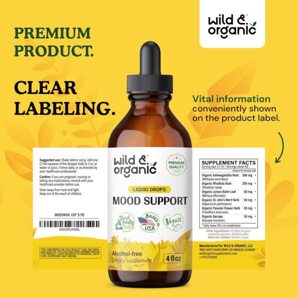 Wild & Organic Mood Support Supplement - Natural Liquid Drops for Positive Energy - Calm Mind Supplement for Women and Men - Non-Alcohol Ashwagandha & Rhodiola Rosea Root Tincture for Good Mood - 4 oz - Image 3