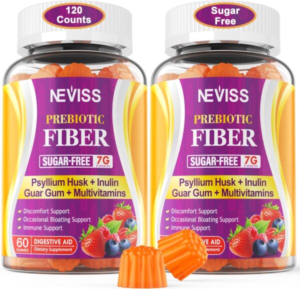 Prebiotics Fiber Gummies for Adults Sugar Free + Psyllium Husk, 7G High Fiber Supplement (Soluble + Insoluble) with Inulin, Fos, Multivitamin for Daily Digestive Health & Regularity Gut (Pack of 2)