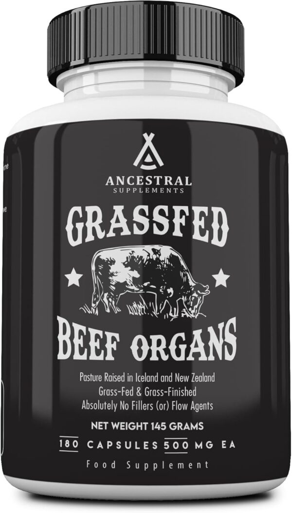 Ancestral Supplements Grass Fed Beef Organ Supplement, Supports Whole Body Wellness with Proprietary Blend of Liver, Heart, Kidney, Pancreas, Spleen, Freeze-Dried Beef, Non-GMO, 180 Capsules