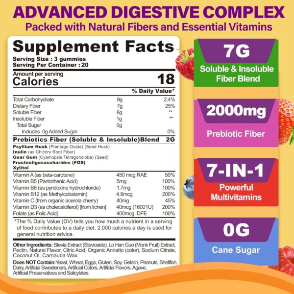 Prebiotics Fiber Gummies for Adults Sugar Free + Psyllium Husk, 7G High Fiber Supplement (Soluble + Insoluble) with Inulin, Fos, Multivitamin for Daily Digestive Health & Regularity Gut (Pack of 2) - Image 2