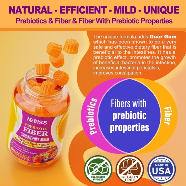 Prebiotics Fiber Gummies for Adults Sugar Free + Psyllium Husk, 7G High Fiber Supplement (Soluble + Insoluble) with Inulin, Fos, Multivitamin for Daily Digestive Health & Regularity Gut (Pack of 2) - Image 6