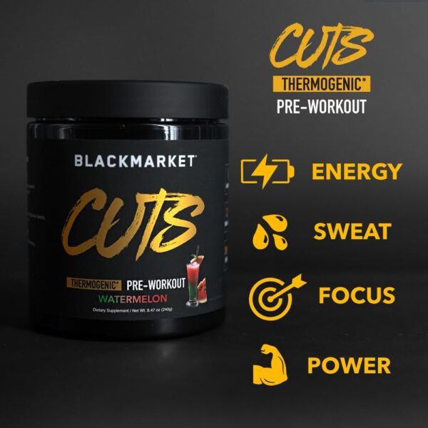 BLACKMARKET CUTS Pre Workout - Flavored Energy Powdered Drink Mix for Men & Women, Great for Muscle Definition, Thermogenic, Creatine Free (Watermelon, 30 Servings) - Image 4