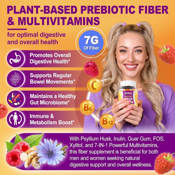 Prebiotics Fiber Gummies for Adults Sugar Free + Psyllium Husk, 7G High Fiber Supplement (Soluble + Insoluble) with Inulin, Fos, Multivitamin for Daily Digestive Health & Regularity Gut (Pack of 2) - Image 5