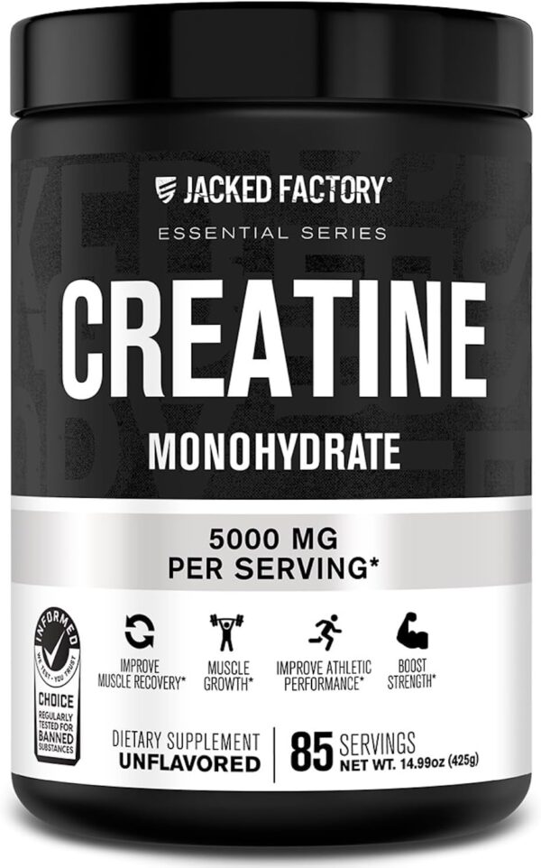 Jacked Factory Creatine Monohydrate Powder 425g - Creatine Supplement for Muscle Growth, Increased Strength, Enhanced Energy Output and Improved Athletic Performance 85 Servings, Unflavored