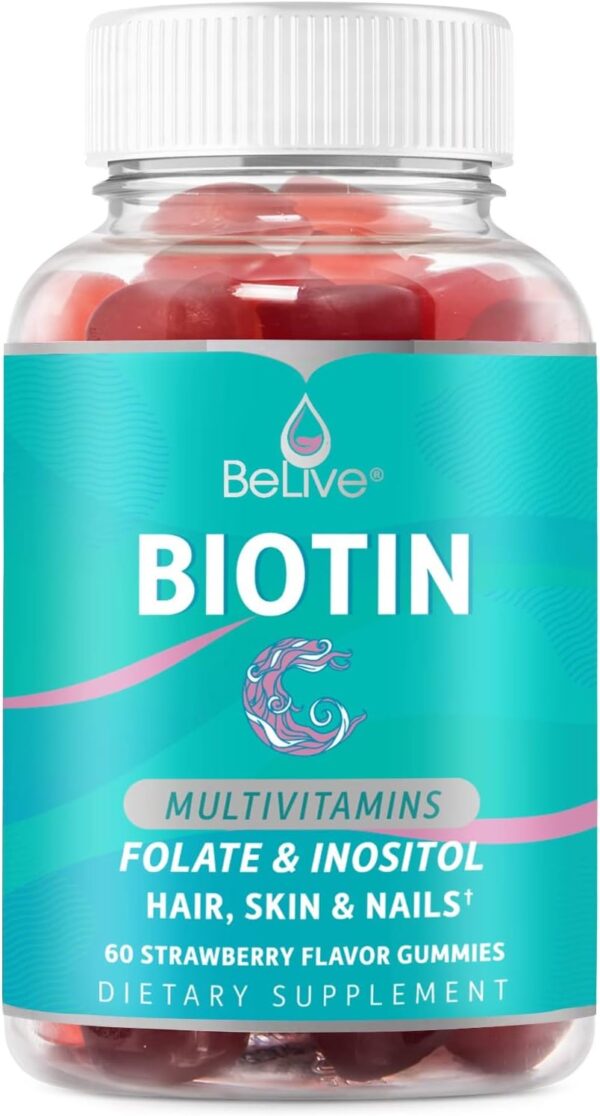 BeLive Biotin Gummies with MultiVitamins, Folate, Inositol – Supports Hair Growth, Healthy Skin & Nails – Vegan, Pectin Based – Strawberry Flavor (1)