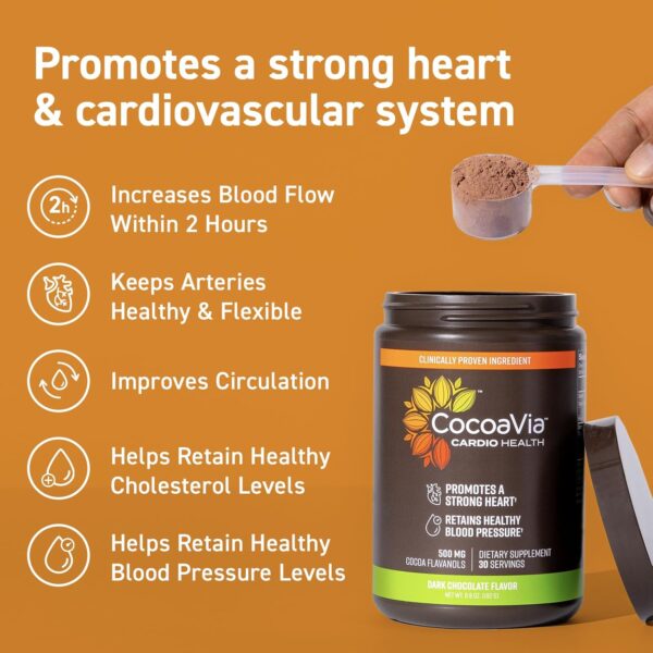 CocoaVia Cardio Health Cocoa Powder, 30 Servings, 500mg Cocoa Flavanols, Support Heart Health, Boost Nitric Oxide, Improve Circulation, Energy, Preworkout, Vegan, Dark Chocolate Cacao - Image 4