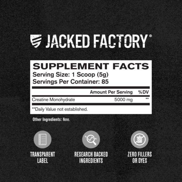 Jacked Factory Creatine Monohydrate Powder 425g - Creatine Supplement for Muscle Growth, Increased Strength, Enhanced Energy Output and Improved Athletic Performance 85 Servings, Unflavored - Image 2