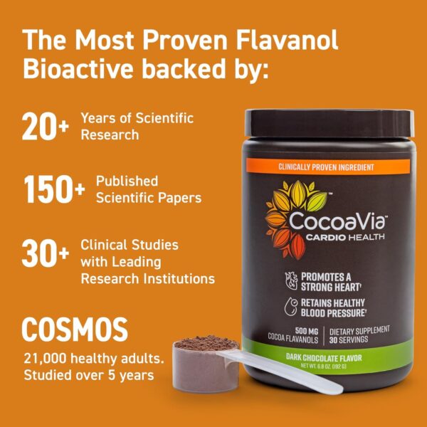 CocoaVia Cardio Health Cocoa Powder, 30 Servings, 500mg Cocoa Flavanols, Support Heart Health, Boost Nitric Oxide, Improve Circulation, Energy, Preworkout, Vegan, Dark Chocolate Cacao - Image 5